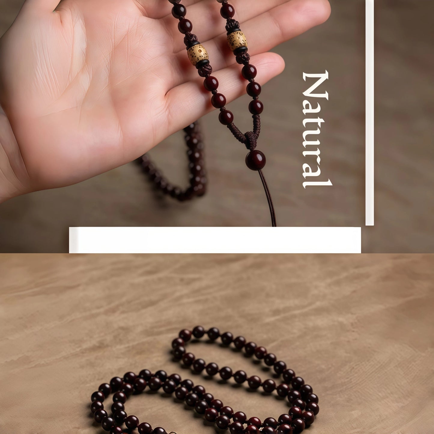 Sandalwood & Bodhi Bead Necklace - Adjustable Spiritual Mala Cord String