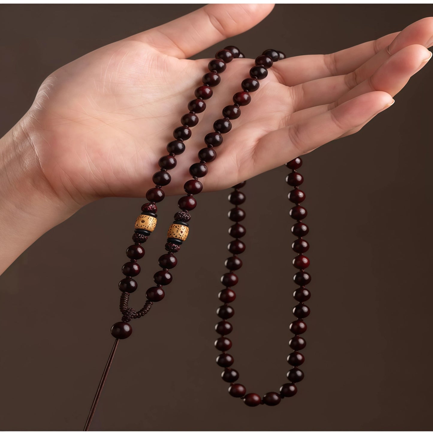 Sandalwood & Bodhi Bead Necklace - Adjustable Spiritual Mala Cord String