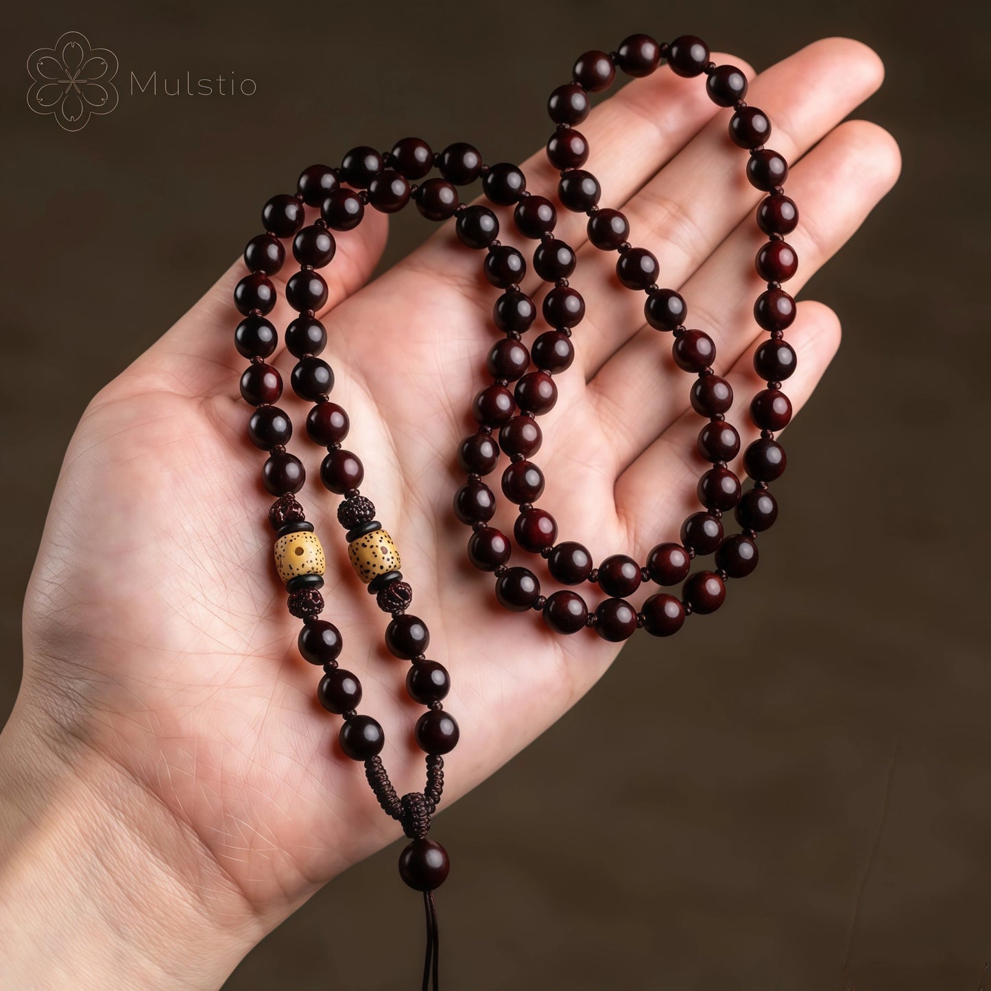 Sandalwood & Bodhi Bead Necklace - Adjustable Spiritual Mala Cord String