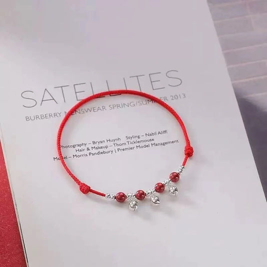 Sound-Bell & Cinnabar Handwoven Red String Anklet - Adjustable, Lucky Charm & Protection