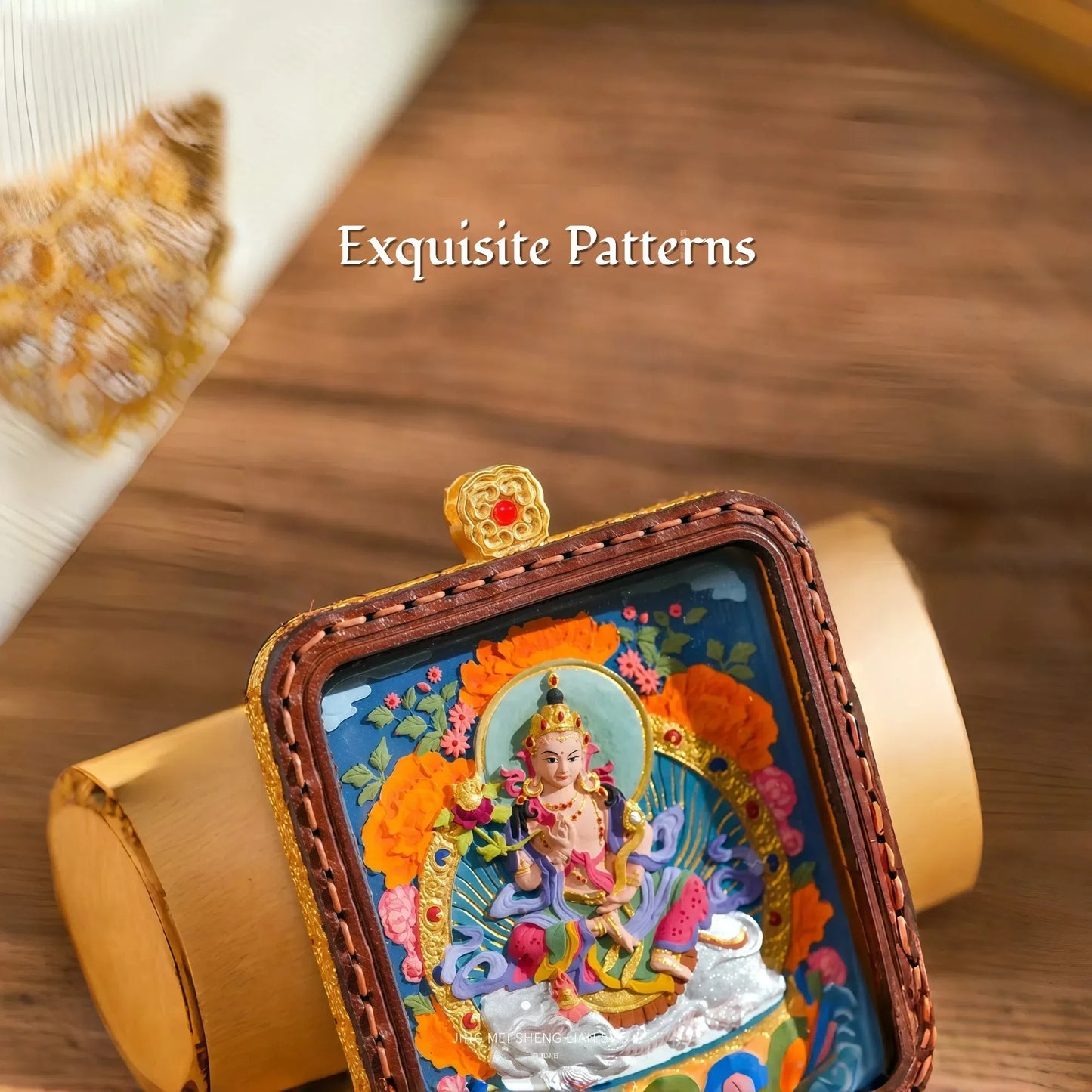 Hand-Painted Tibetan Thangka Pendant with Embossed Leather Frame - Mulstio Spiritual Jewelry Collection