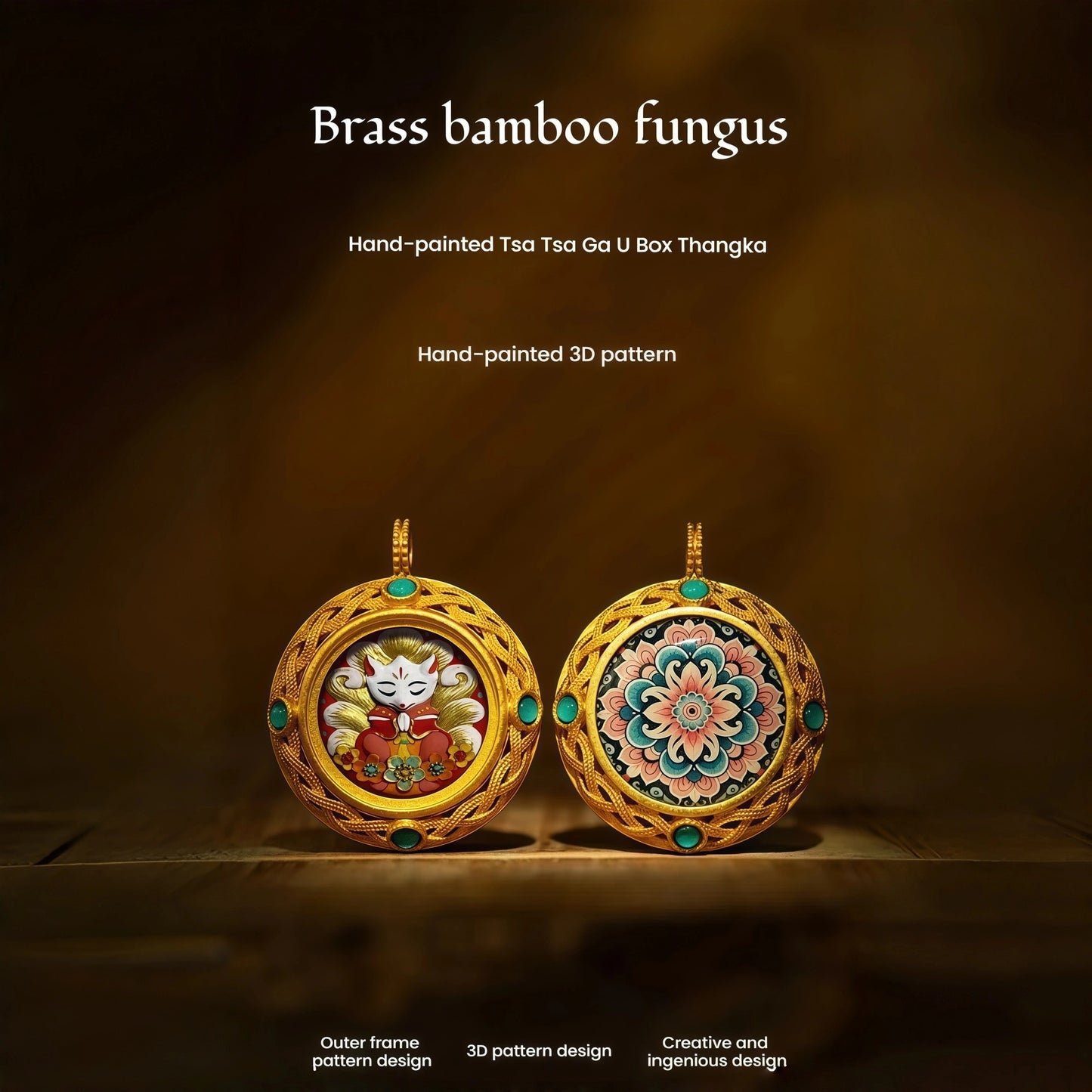 Thangka Pendant in 24.3mm Brass Gau Box - Tibetan Buddhist Jewelry with Turquoise Stones