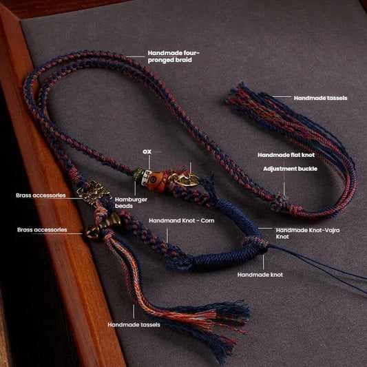 Tibetan Buddhist Traditional Tassel Handwoven Adjustable Cotton String Necklace - Vajra Knot, Brass Accessories & Ox Bone - Earth+Metal Element, Protection & Cultural Heritage