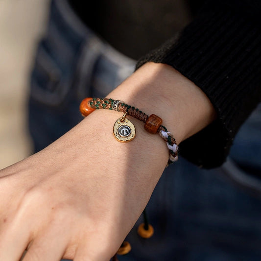 Tibetan Cotton & Leather Handwoven Adjustable Bracelet with Ox/Camel Bone & Skull Pendant - Ethnic Rough Style & Spiritual Symbolism