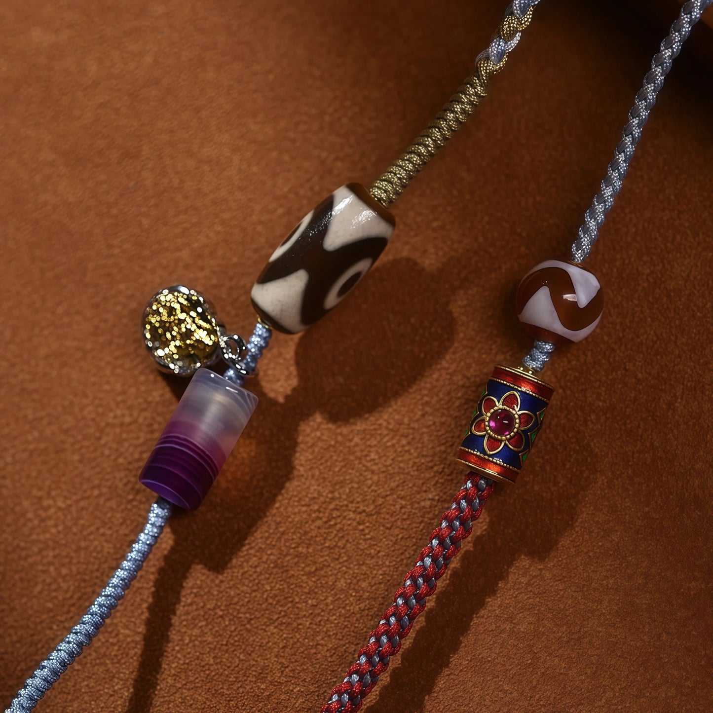 Tibetan Dzi Bead & Cloisonné String Necklace - King Knot Adjustable Handmade Cord