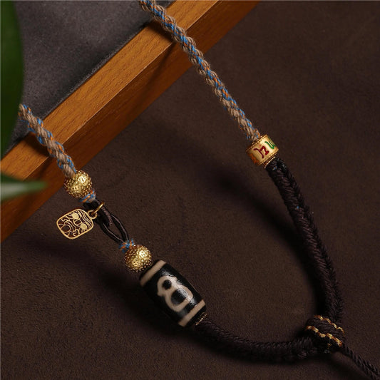 Tibetan Dzi Bead with Prayer Wheel Brown Handwoven Adjustable String Necklace - Earth+Metal Element, Protection & Blessings