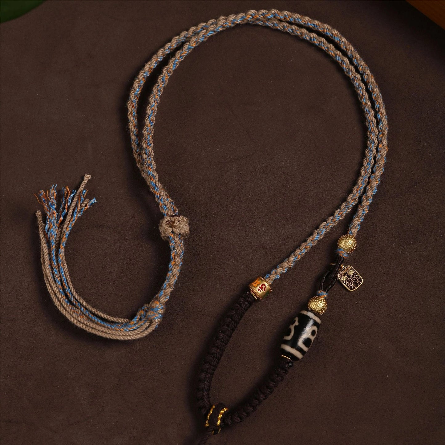 Tibetan Dzi Bead with Prayer Wheel Brown Handwoven Adjustable String Necklace - Earth+Metal Element, Protection & Blessings