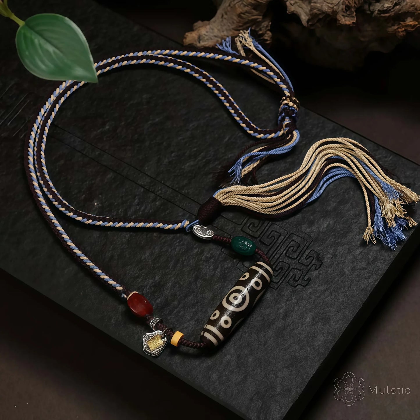Tibetan Handmade Braided Necklace Cord with Dzi Bead and Silver Accents