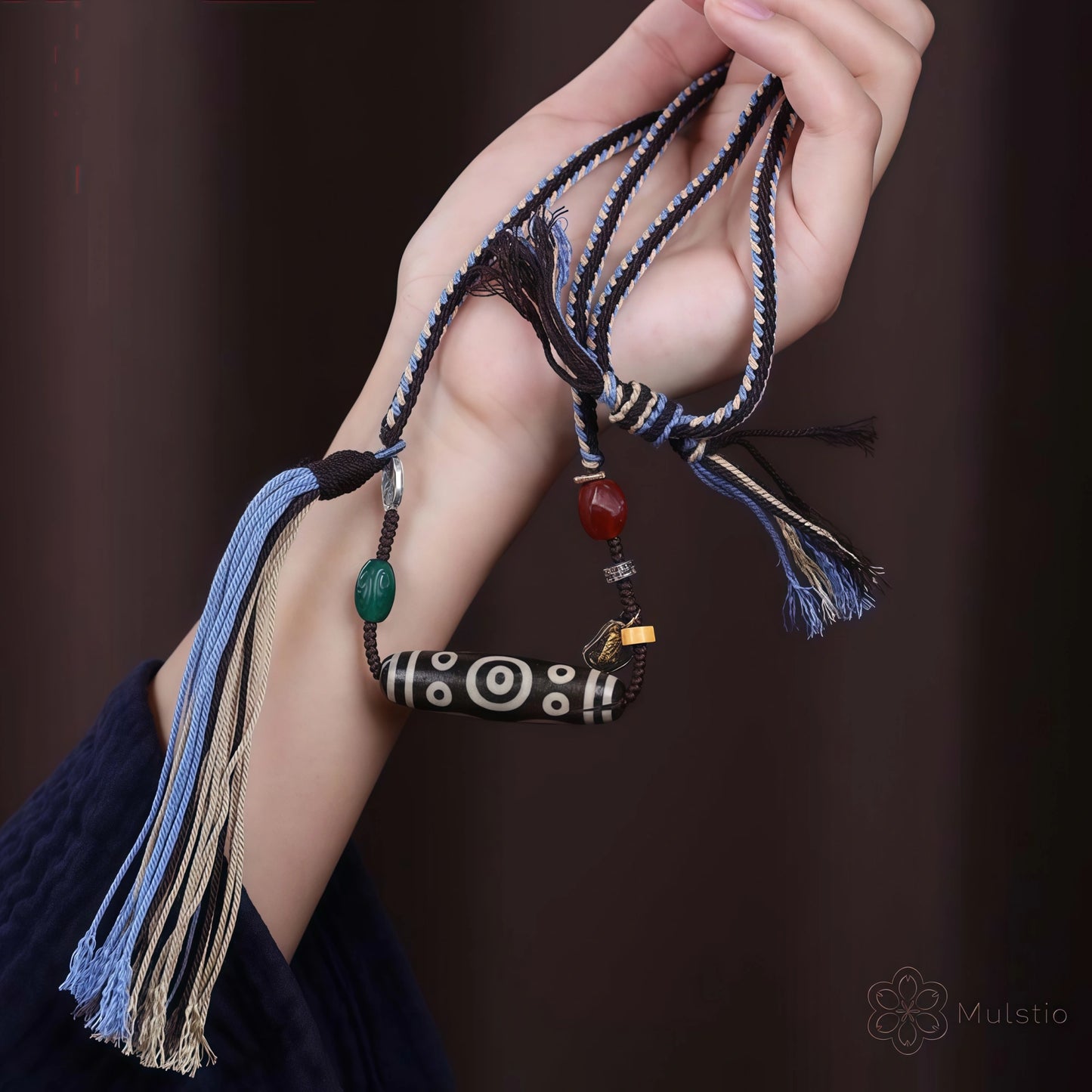 Tibetan Handmade Braided Necklace Cord with Dzi Bead and Silver Accents