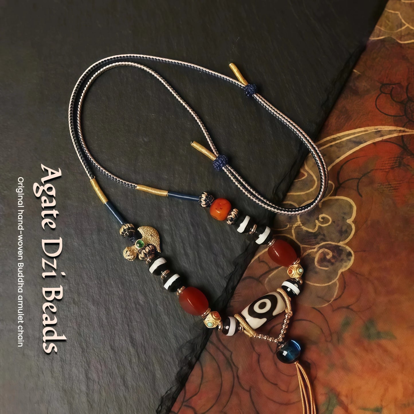 Tibetan Handwoven Cord String Necklace with Three Eyes Dzi Bead, Agate & Glass Bead