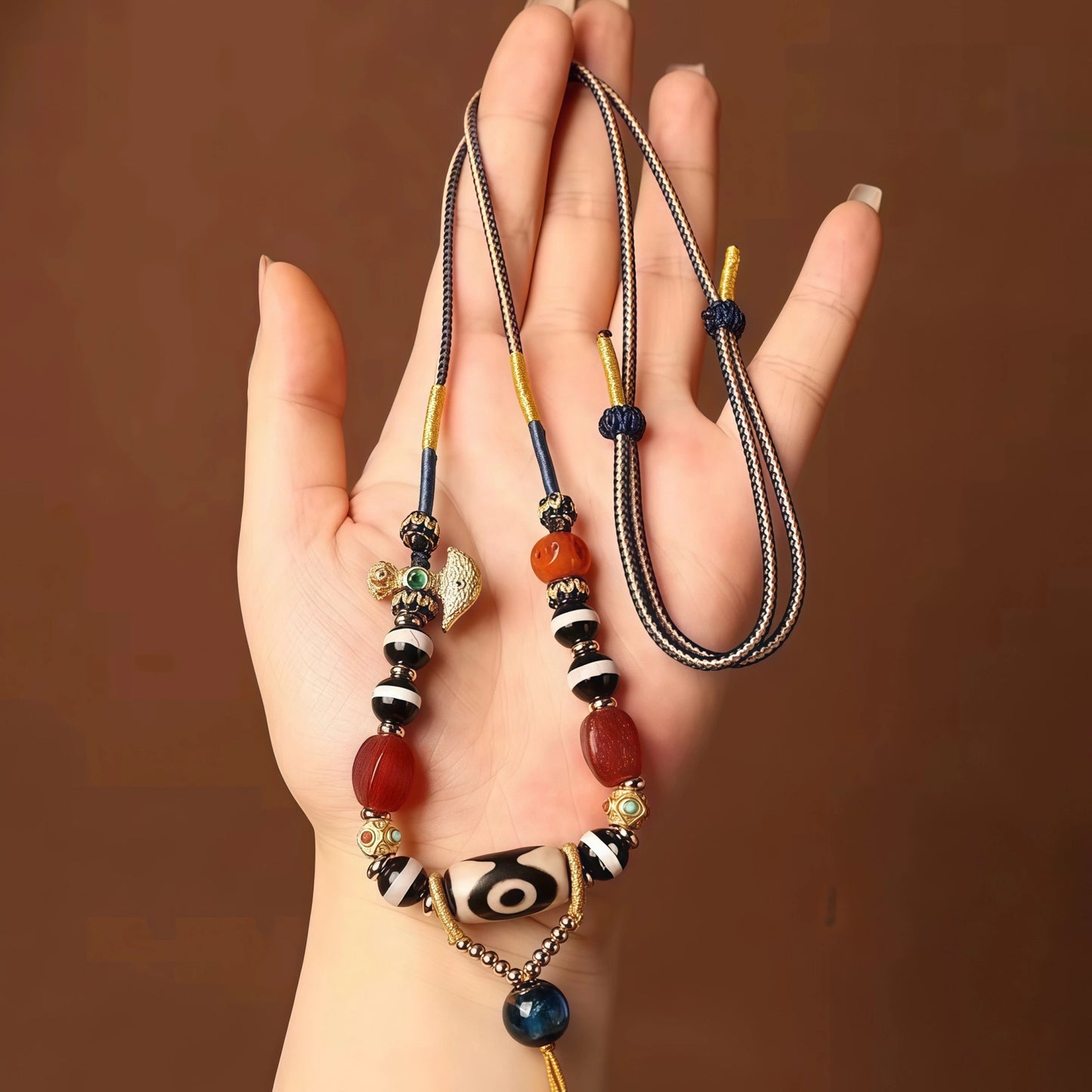 Tibetan Handwoven Cord String Necklace with Three Eyes Dzi Bead, Agate & Glass Bead