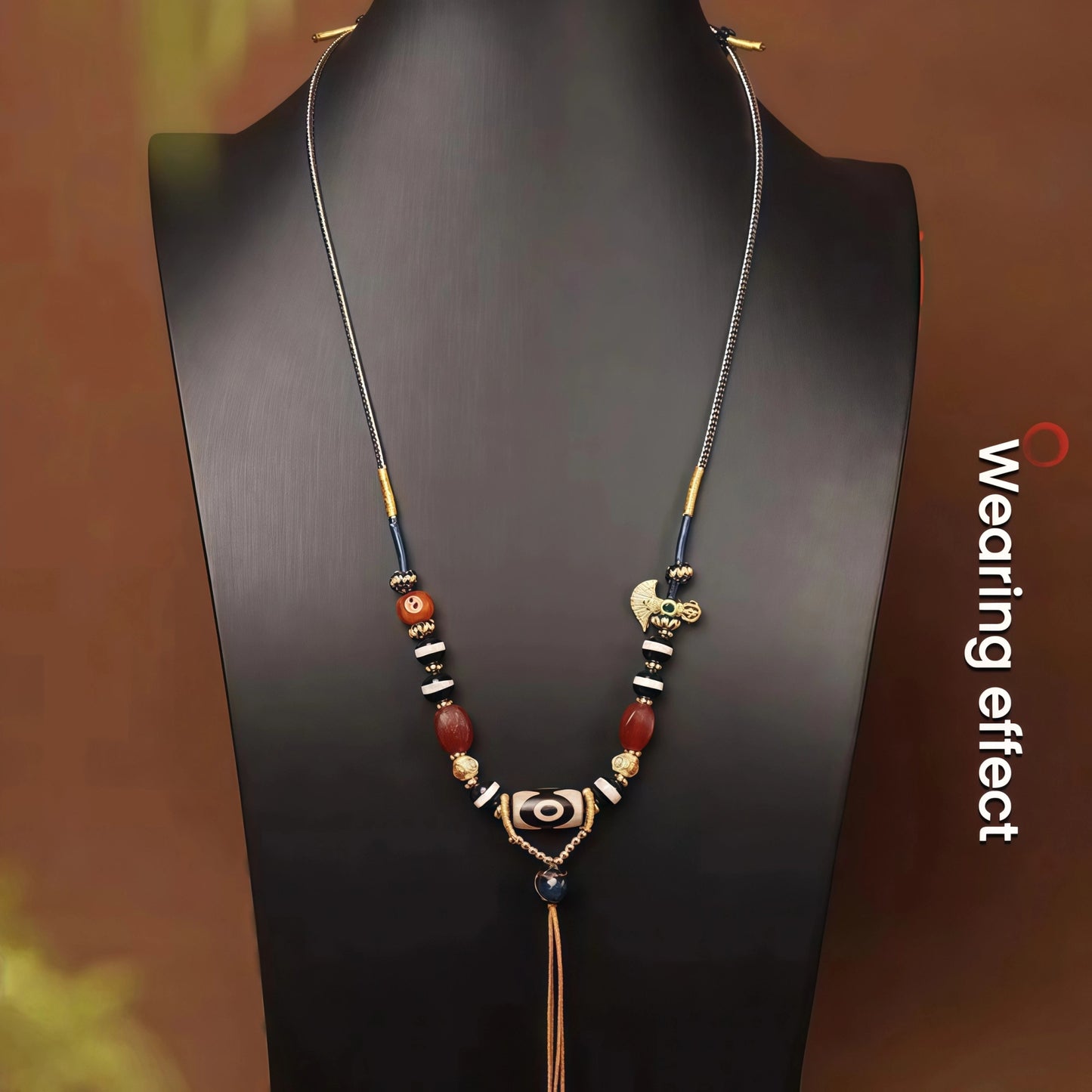 Tibetan Handwoven Cord String Necklace with Three Eyes Dzi Bead, Agate & Glass Bead