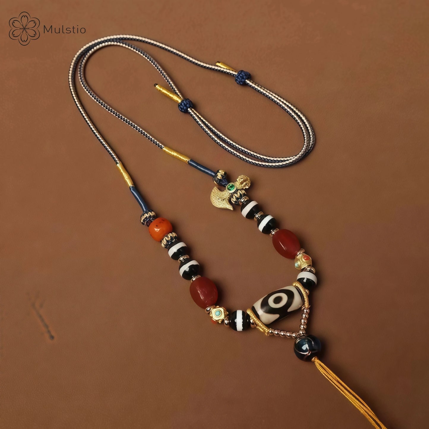Tibetan Handwoven Cord String Necklace with Three Eyes Dzi Bead, Agate & Glass Bead