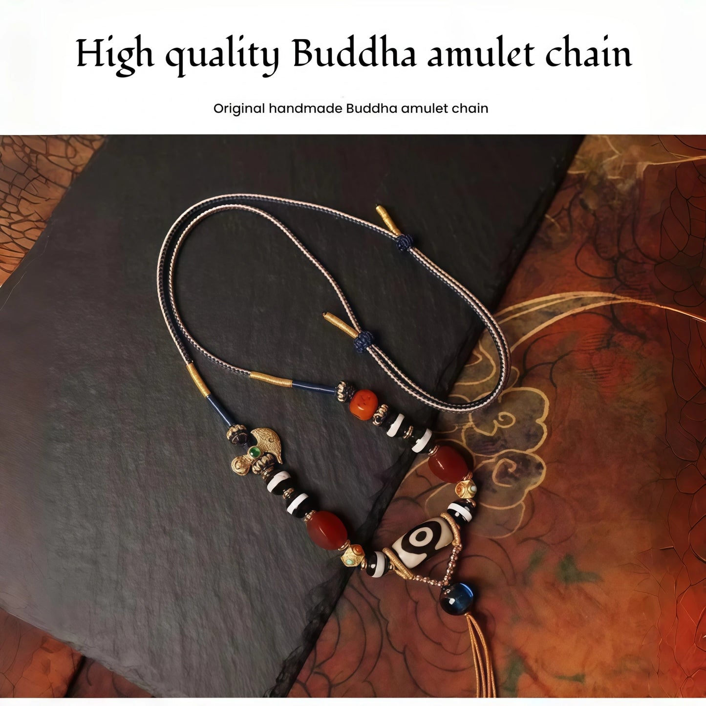 Tibetan Handwoven Cord String Necklace with Three Eyes Dzi Bead, Agate & Glass Bead