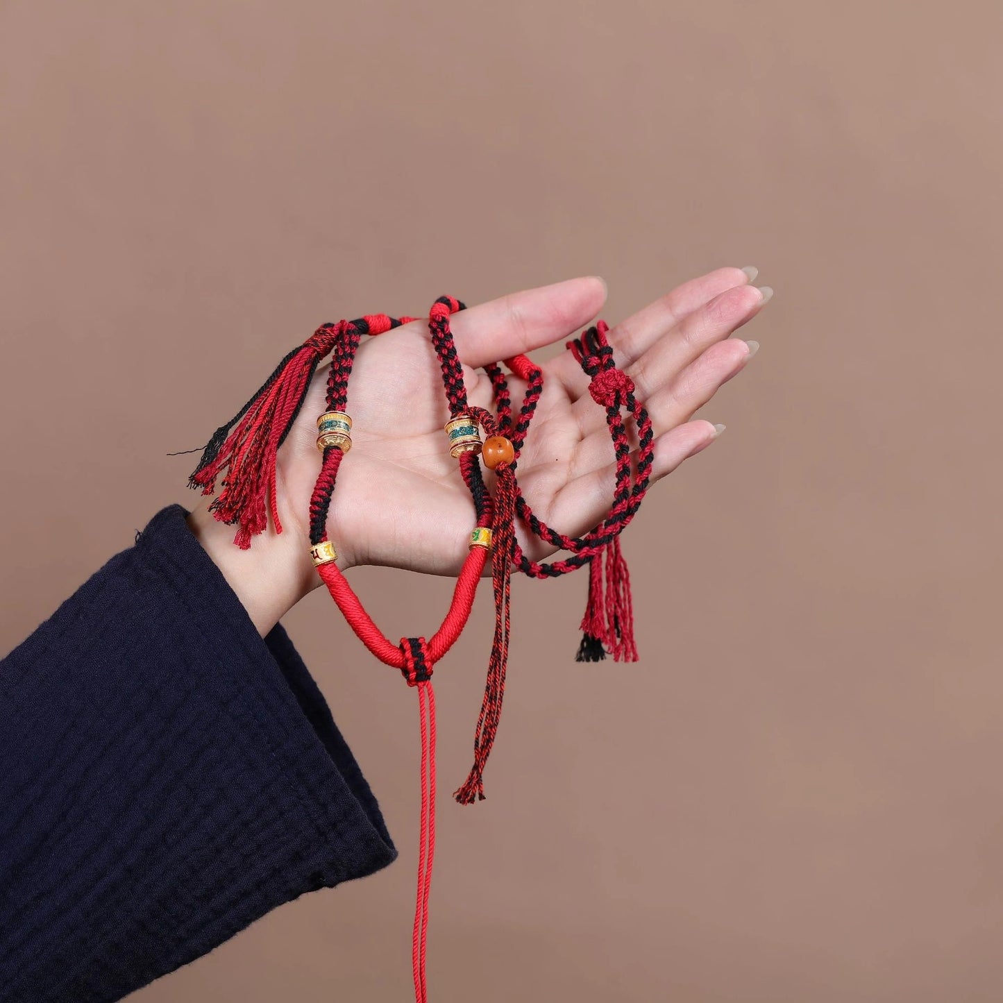 Tibetan Prayer Wheel with Ox Bone Adjustable Handwoven String Necklace - Red & Black String, Earth+Metal Element, Protection & Blessings