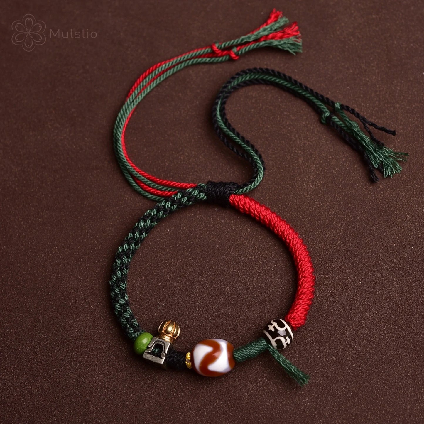 Tibetan Style Handmade Braided Red String Bracelet with Dzi Beads & Lotus