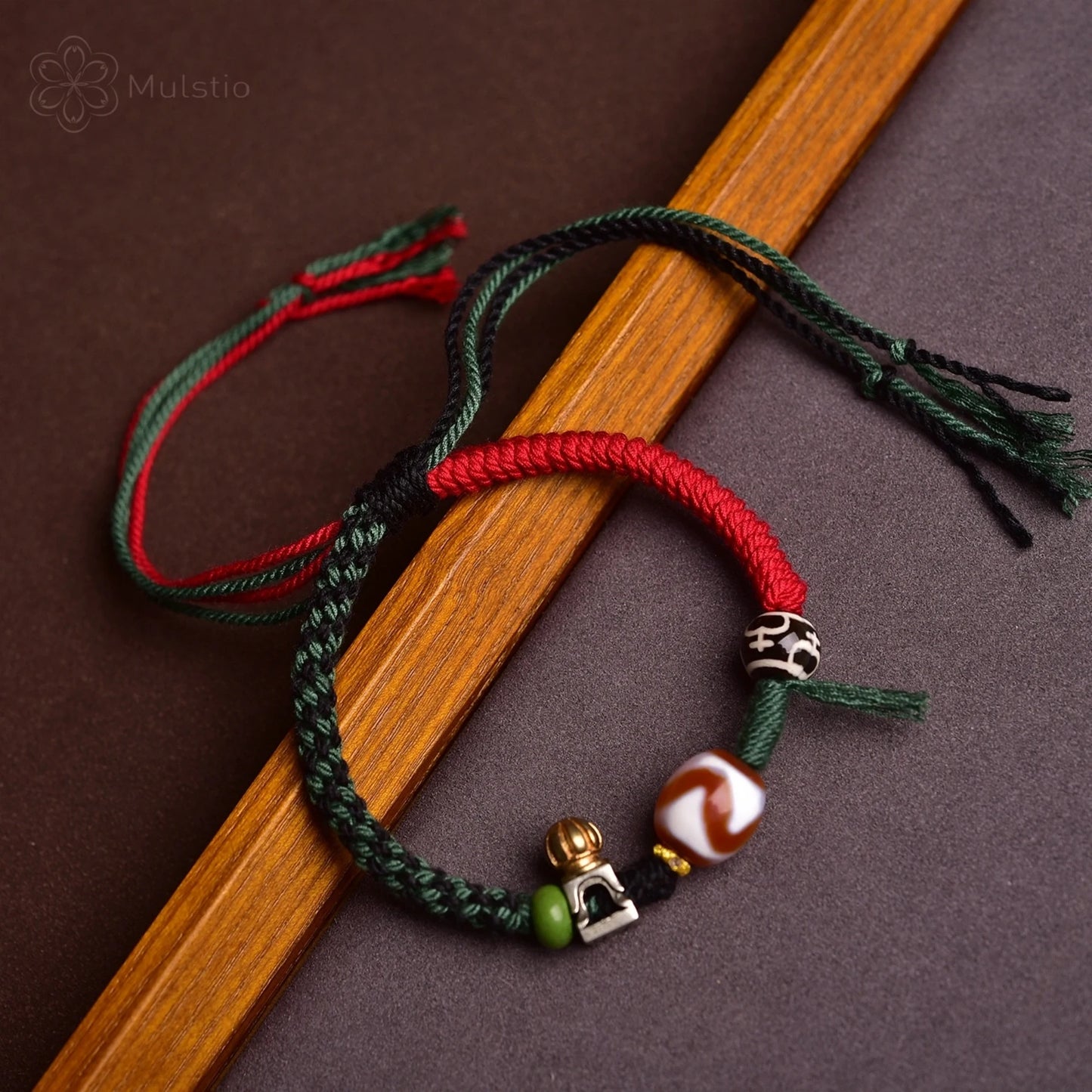 Tibetan Style Handmade Braided Red String Bracelet with Dzi Beads & Lotus