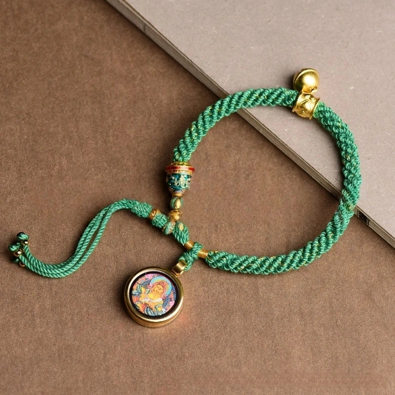 Tibetan Tangka Gau Box God of Wealth Handwoven Green Lucky Bracelet - Wood+Metal Element, Prosperity & Growth