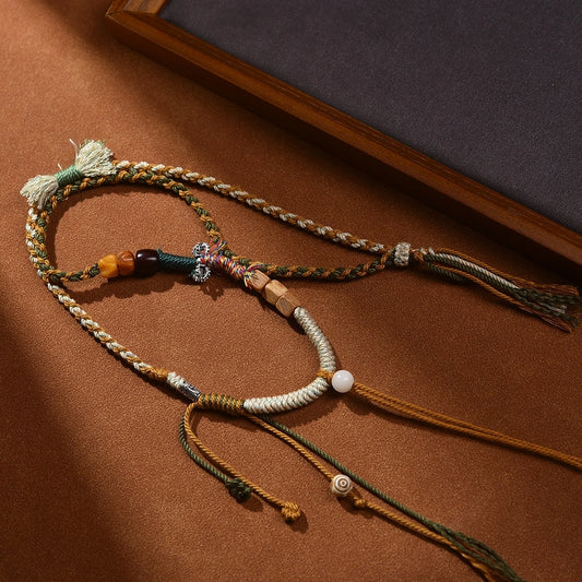 Traditional Tibetan Buddhist Camel Bone Handwoven Adjustable Tassel Necklace - Sandalwood, Bodhi & Vajra Bell - Earth+Wood Element, Protection & Calm