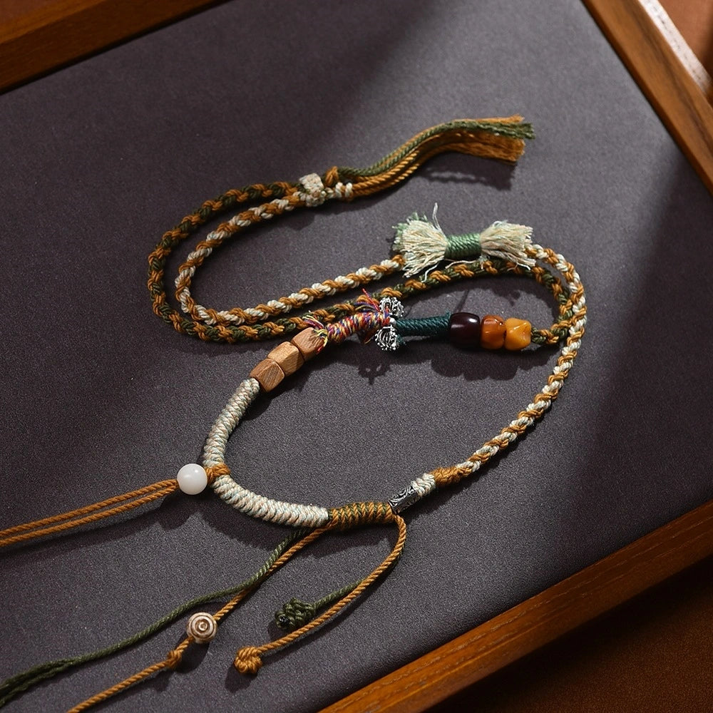 Traditional Tibetan Buddhist Camel Bone Handwoven Adjustable Tassel Necklace - Sandalwood, Bodhi & Vajra Bell - Earth+Wood Element, Protection & Calm