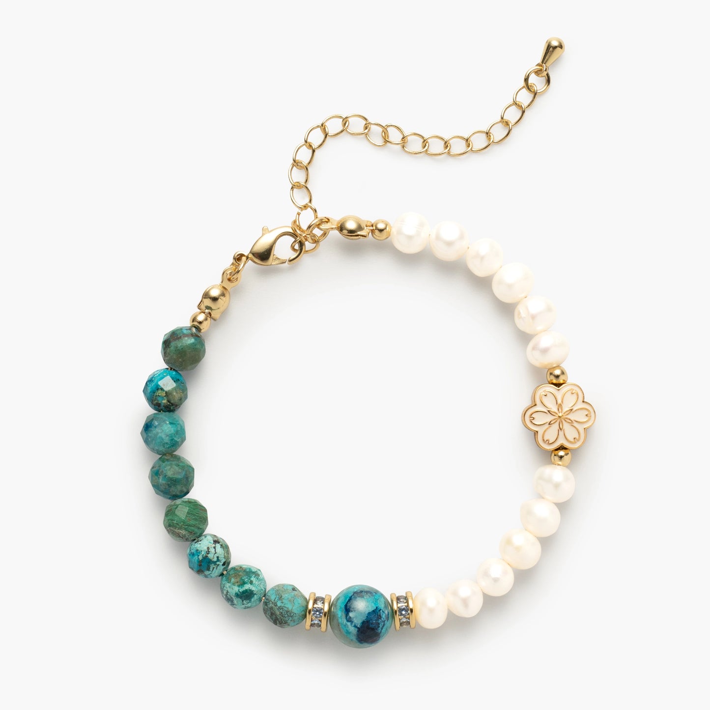 Mulstio December Birthstone Bracelet with spliced Turquoise and Pearl beads for protection and wisdom.