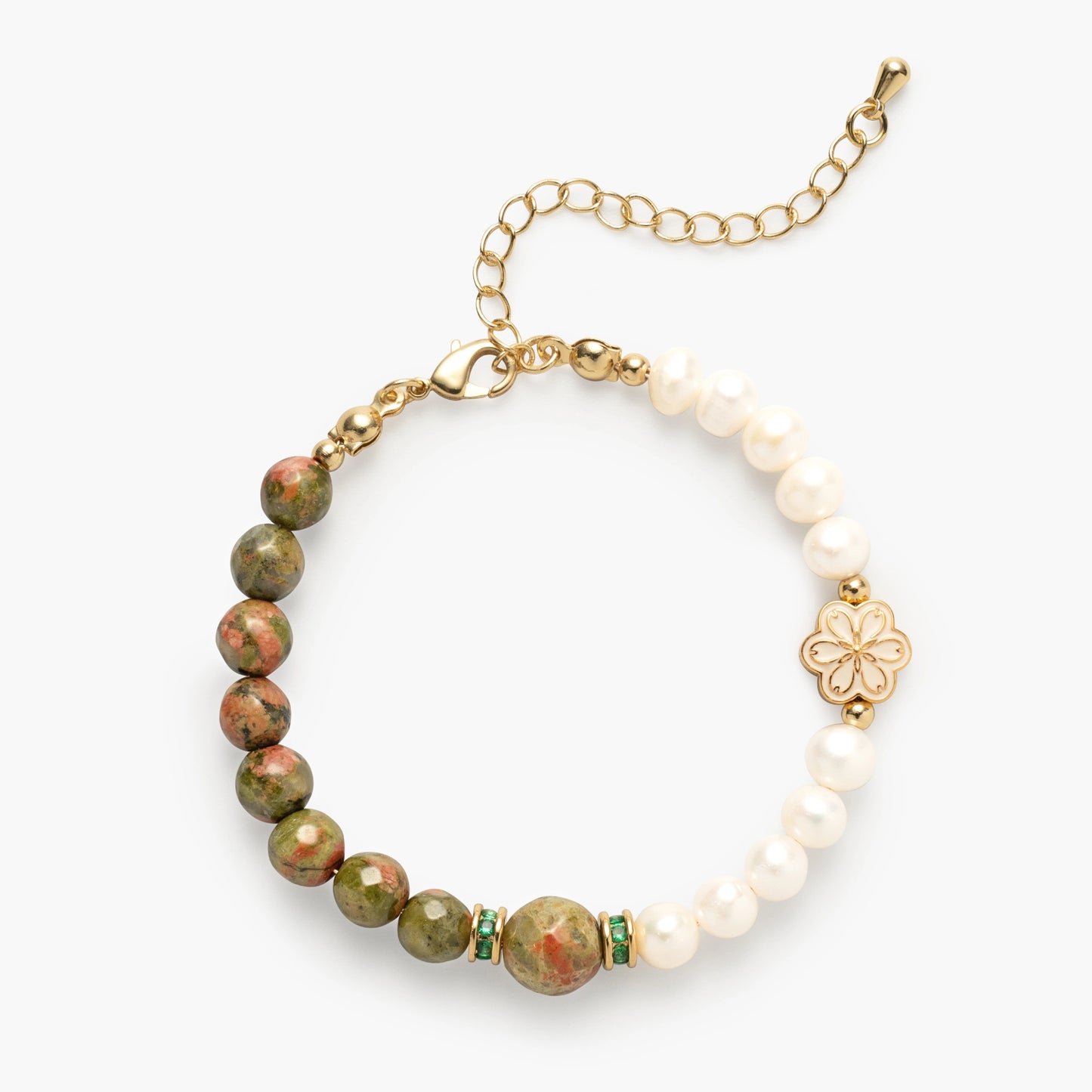 The May Birthstone Bracelet by Mulstio, pairing the nurturing energy of Pearl with Unakite, the stone of emotional balance, for deep grounding and compassionate support.