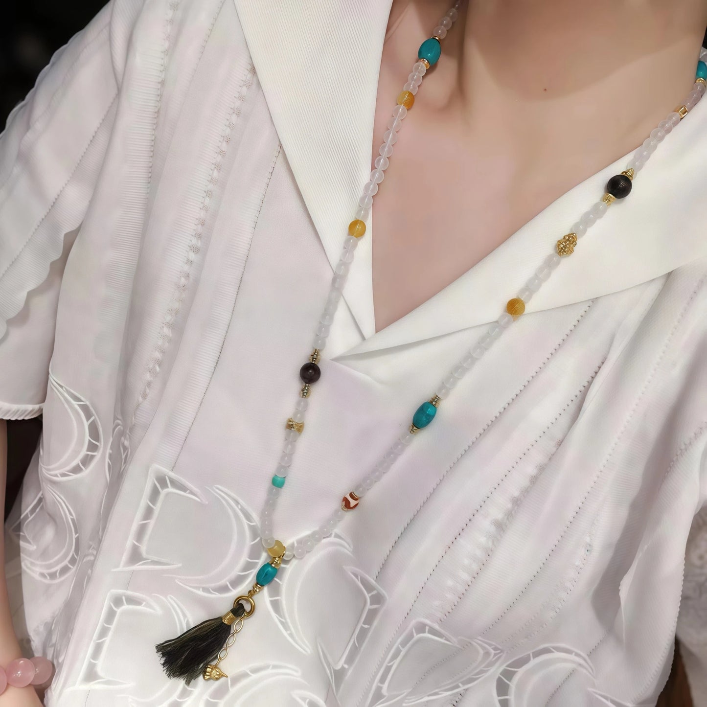 White Agate and Turquoise Fringe Pendant Multi-Gem Elastic Necklace Bracelet with Beads