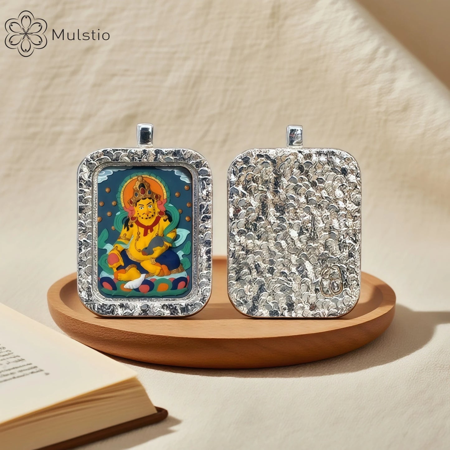 Yellow Jambhala Silver Handmade Thangka Pendant - Abundance Blessing Talisman