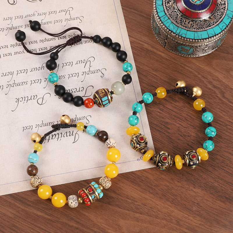 Handmade Bohemian Amulet Bracelet with Natural Turquoise & Obsidian - Mulstio Spiritual Jewelry