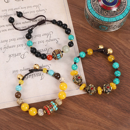 Handmade Bohemian Amulet Bracelet with Natural Turquoise & Obsidian - Mulstio Spiritual Jewelry