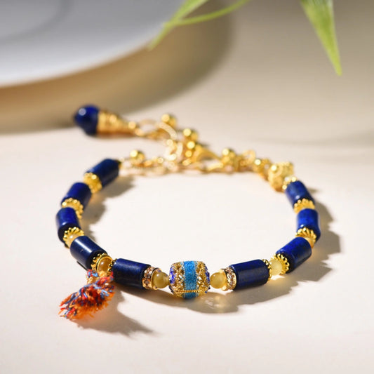 Lapis Lazuli Empowerment Bracelet with Cloisonné Charm for Career Success and Inner Wisdom