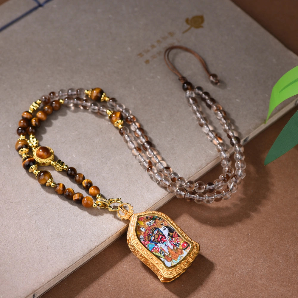 Natural Tiger Eye Crystal Necklace with Tibetan Wealth Goddess Thangka Pendant - Mulstio Empowerment Jewelry