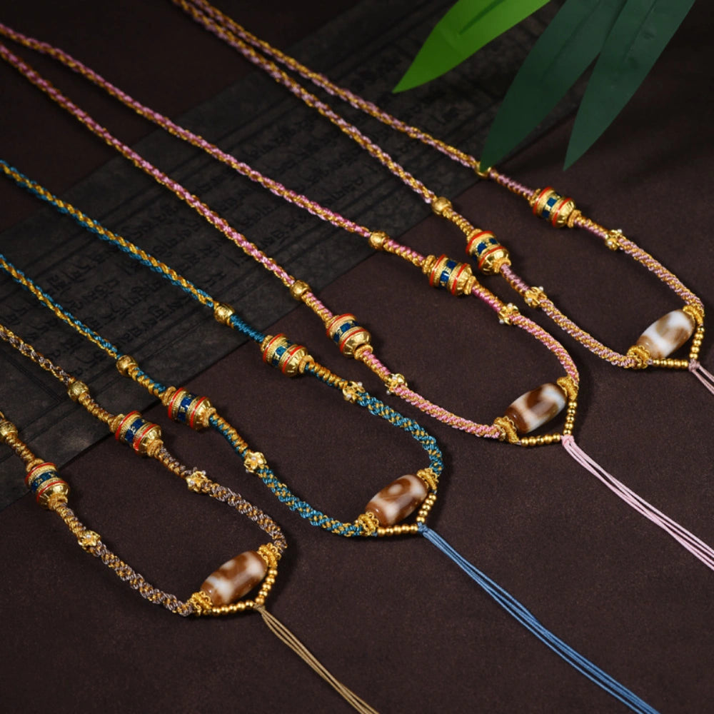 Hand-Woven Tibetan Dzi Bead Necklace - Vintage Ethnic Protection Amulet for Women