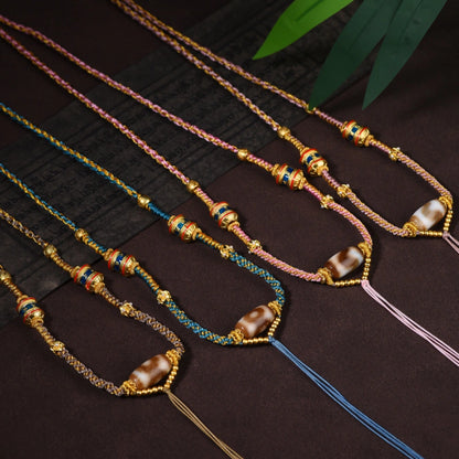 Hand-Woven Tibetan Dzi Bead Necklace - Vintage Ethnic Protection Amulet for Women