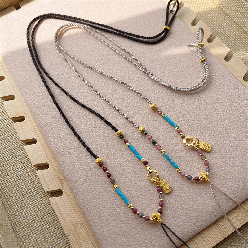 Handmade Woven Necklace Cord with Turquoise and Tourmaline Empowering Amulet String