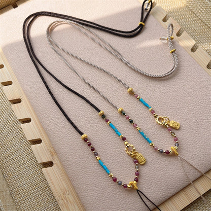 Handmade Woven Necklace Cord with Turquoise and Tourmaline Empowering Amulet String