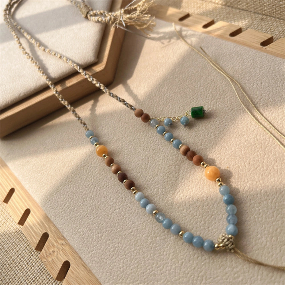 Mulstio Hand Woven Beaded Sweater Necklace Natural Wood Grounding Totem Pendant Rope Spiritual Empowerment Jewelry for Women