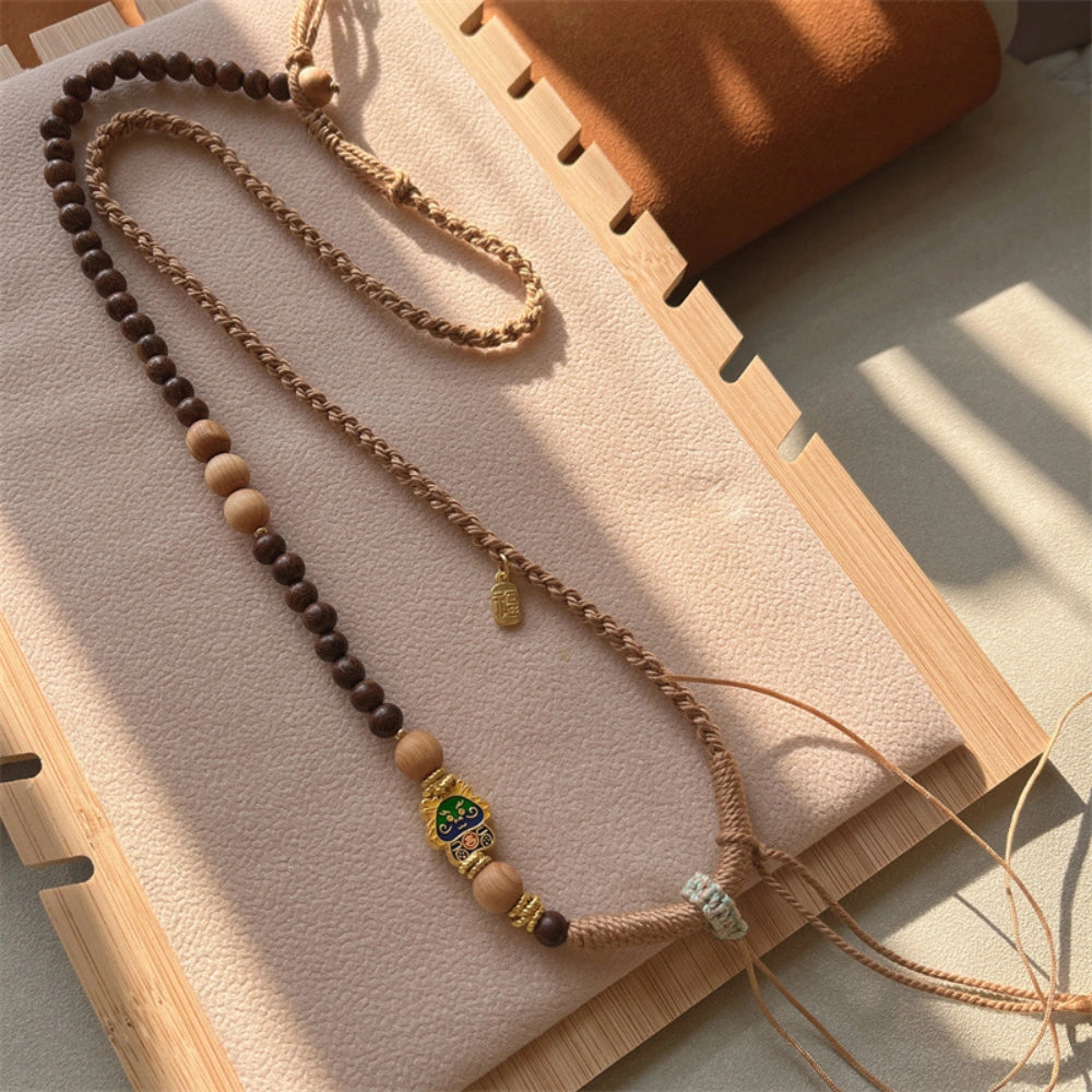Mulstio Hand Woven Beaded Sweater Necklace Natural Wood Grounding Totem Pendant Rope Spiritual Empowerment Jewelry for Women