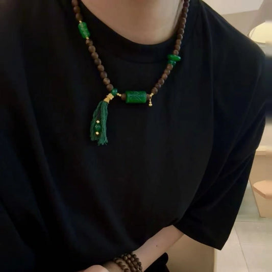 Modern Chinese Sandalwood Necklace with Green Jade Beads for Inner Peace and Success Empowerment