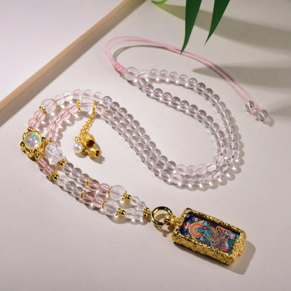 Handcrafted Colored Glaze Bead Necklace with Reversible Thangka Pendant – Universal Quick-Release Clasp