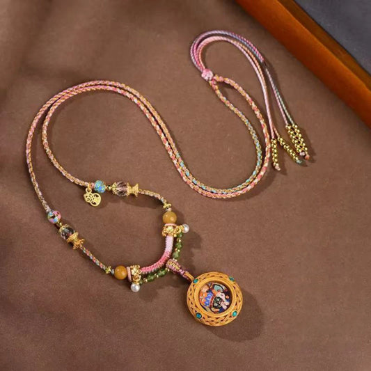 Tibetan Thangka Necklace Hand Woven Cord with Brass Wealth Goddess Pendant for Spiritual Abundance