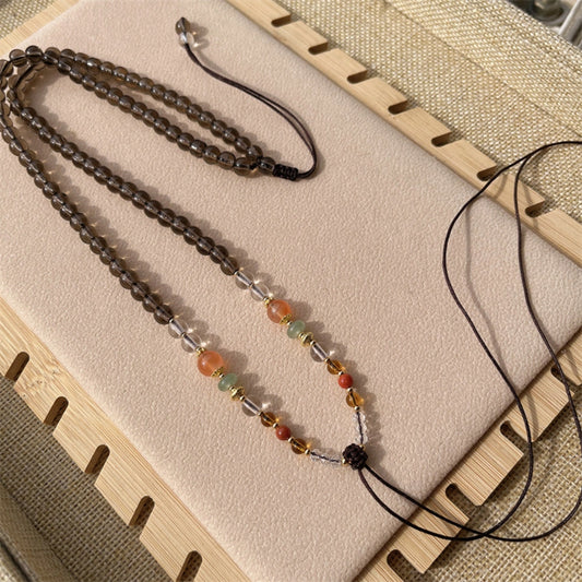 Smoky Quartz Crystal Beaded Necklace Cord Protection Amulet Handwoven Gemstone Pendant Chain for Grounding Manifestation