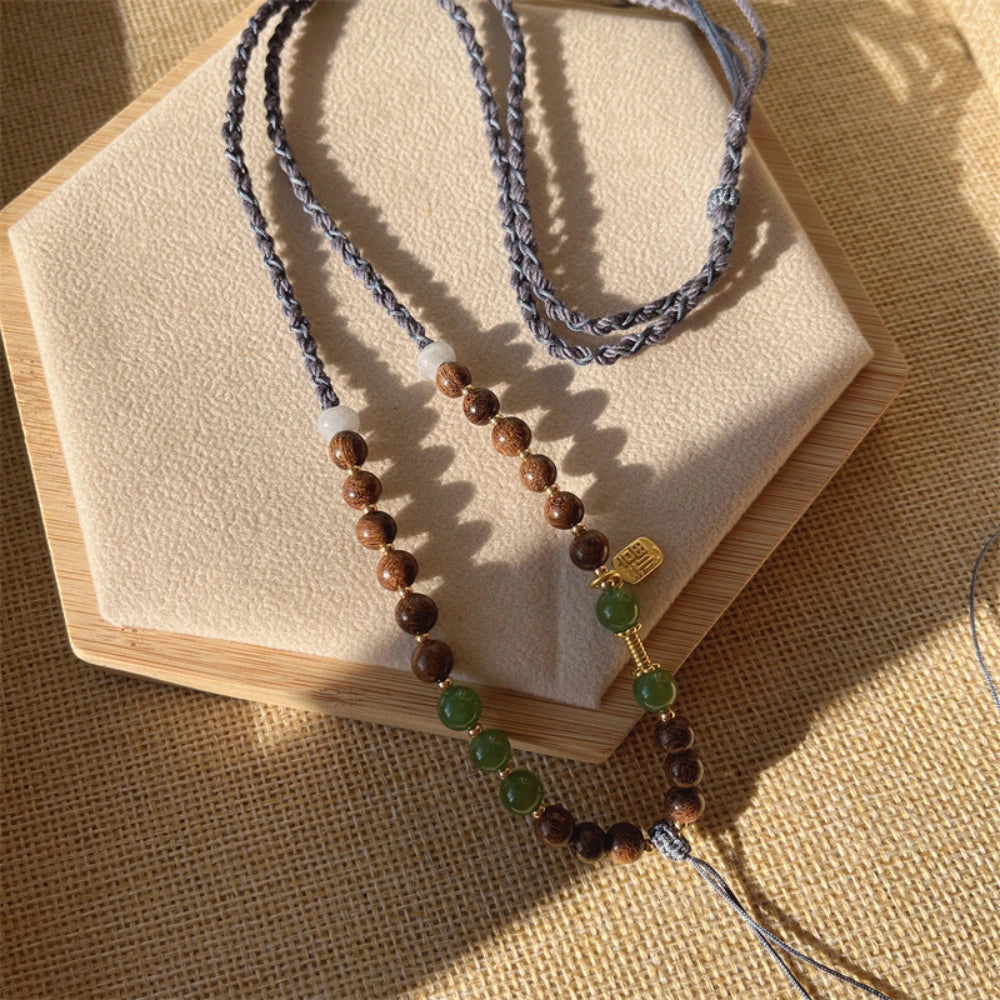 Mulstio Jade Crystal Pendant Cord Adjustable Handwoven Sandalwood Empowerment Necklace Rope