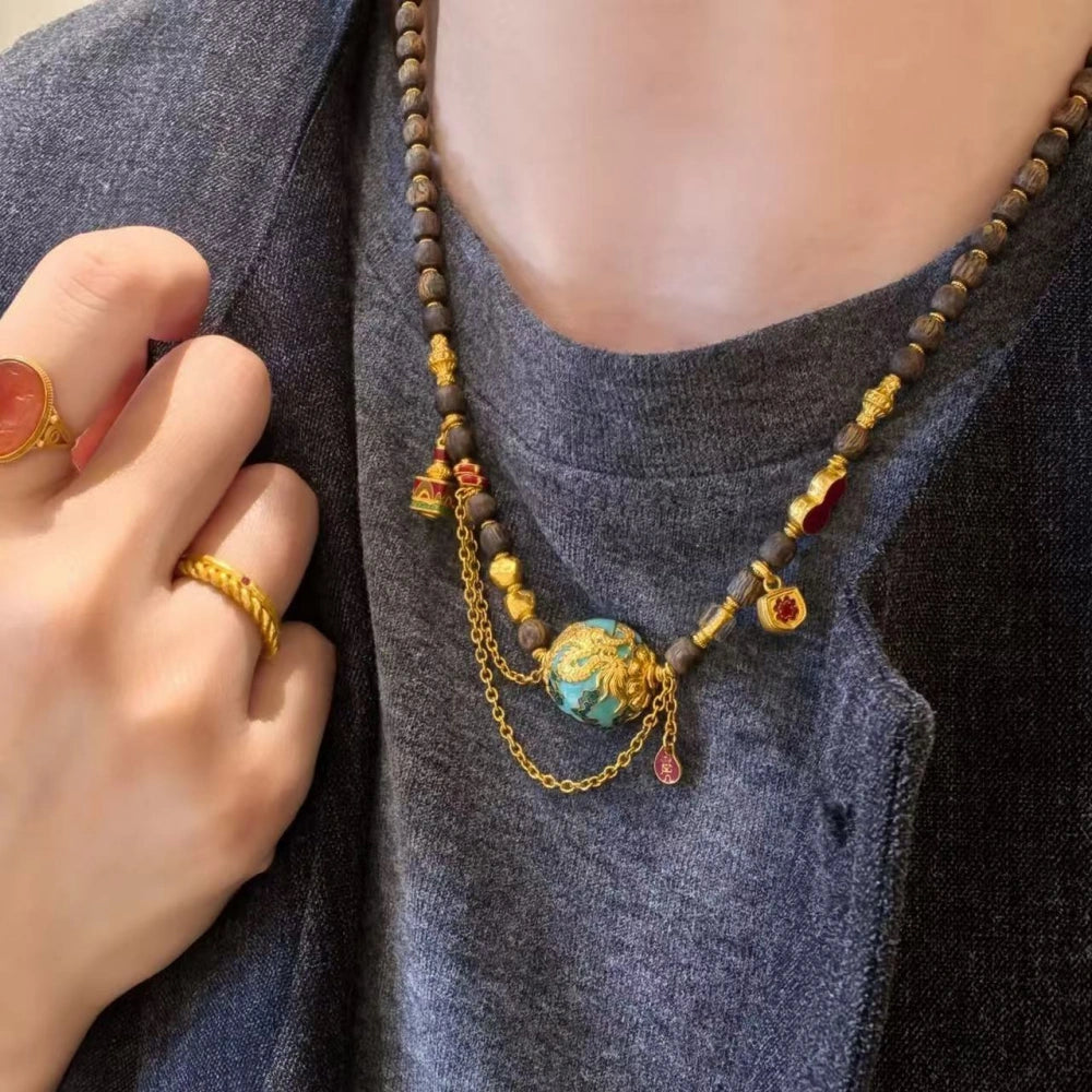 Vintage Sandalwood Dragon Bead Necklace Handcrafted Enamel Healing Jewelry for Empowerment