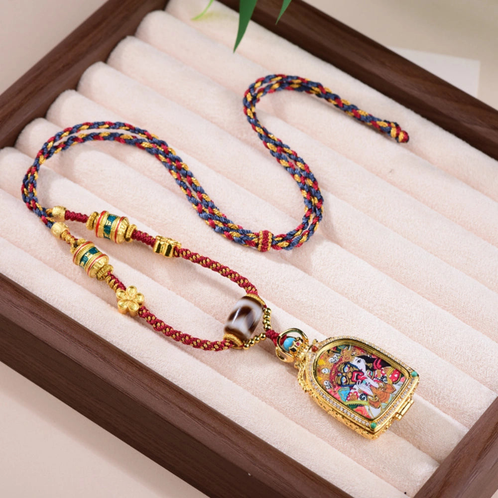 Tibetan Zaki Lhamo Thangka Necklace with Tiger Tooth Agate Dzi Bead for Prosperity and Female Empowerment