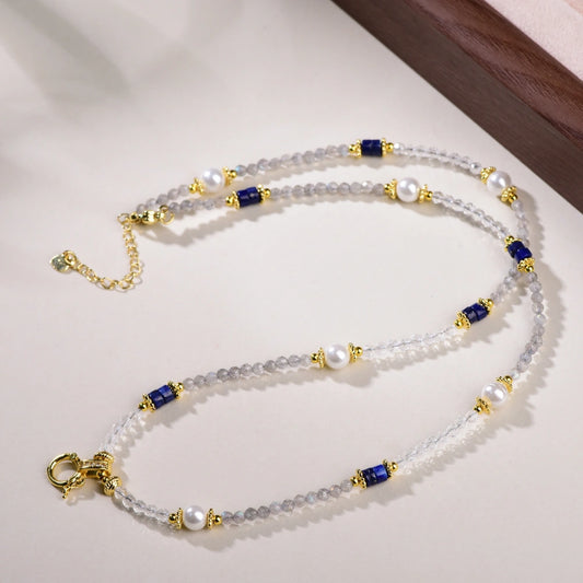 Mulstio Natural Moonstone Pearl Lapis Lazuli Necklace Intuition Awakening Empowering Jewelry for Women