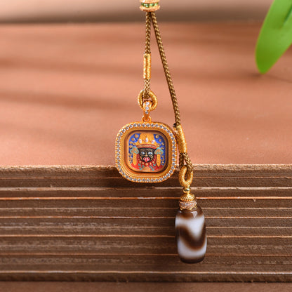 Hand-Painted Zaki Lhamo Thangka & Agate Dzi Bead Necklace - Tibetan Style Spiritual Amulet for Wealth and Protection