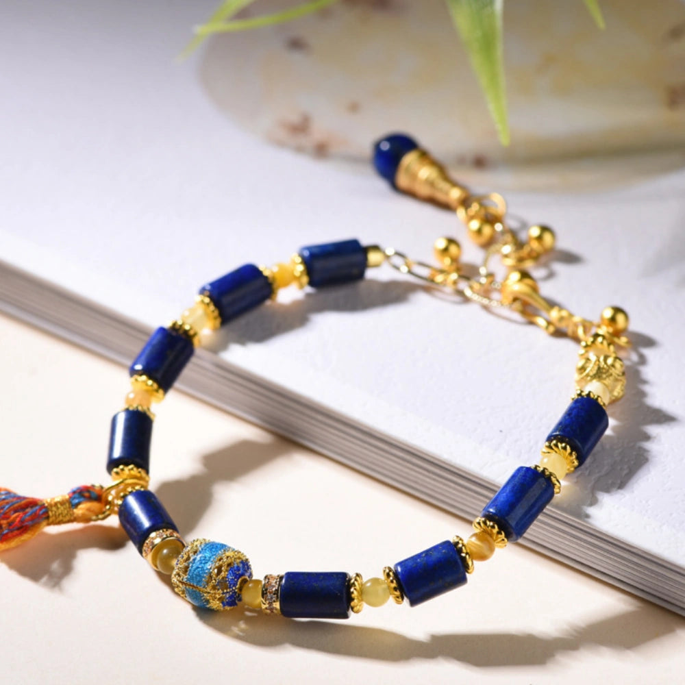 Lapis Lazuli Empowerment Bracelet with Cloisonné Charm for Career Success and Inner Wisdom