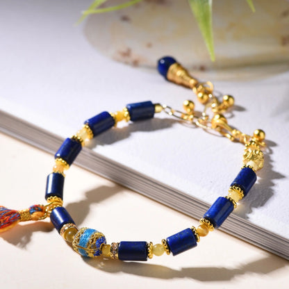 Lapis Lazuli Empowerment Bracelet with Cloisonné Charm for Career Success and Inner Wisdom