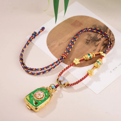 Tibetan Zaki Lhamo Thangka Necklace with Tiger Tooth Agate Dzi Bead for Prosperity and Female Empowerment
